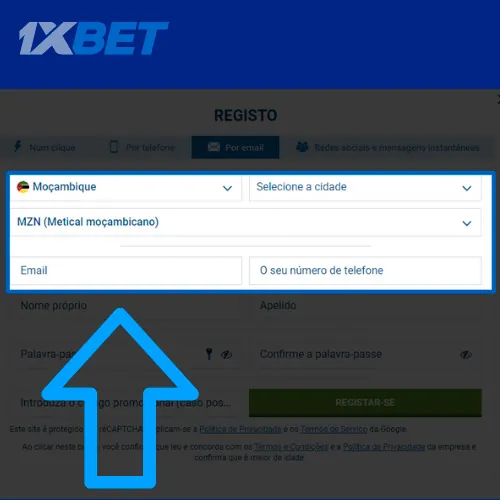 Insira seus dados no 1xbet